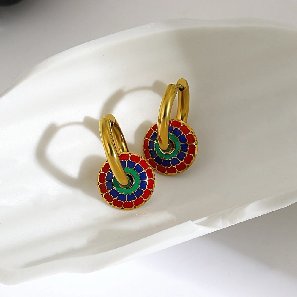 New Gold Bohemian Enamel Colored Disc Chunky Necklace & Huggie Hoop Earrings - Picture 5 of 10